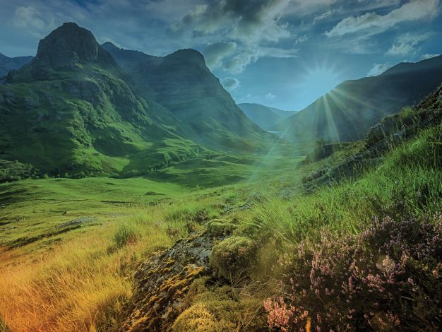 Valley view below the mountains of Glencoe, Lochaber, HIghlands, Scotland, UK